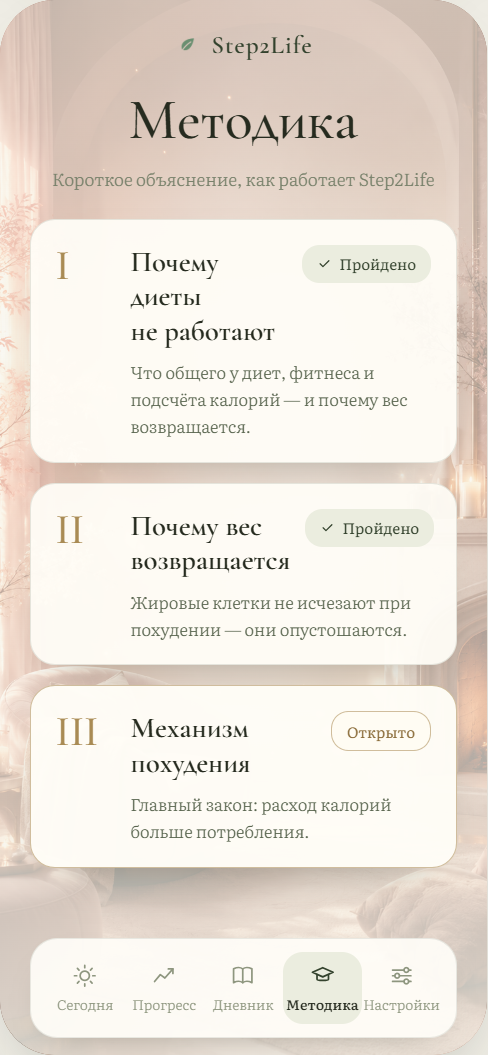 Экран «Методика» приложения Step2Life